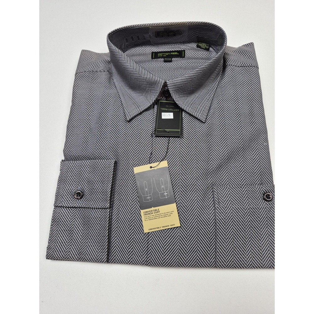 Cotton Reel Dress Shirt Mens XL Silver Herringbone Convertible Cuff Long Sleeve
